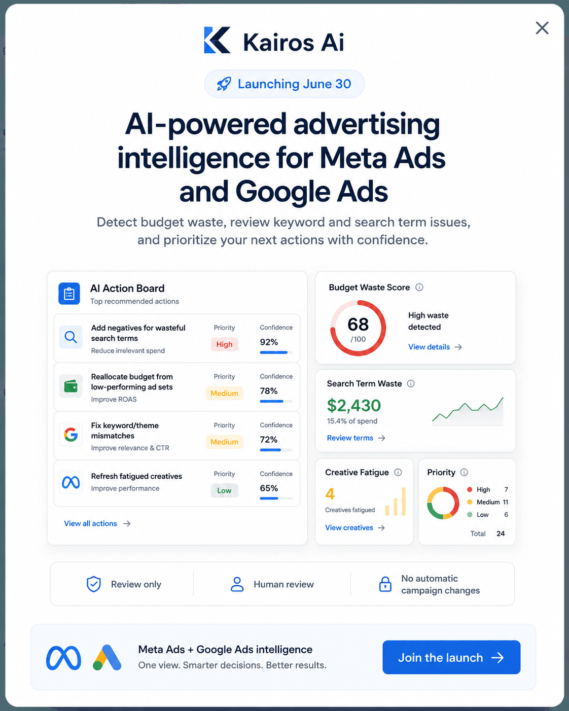 Kairos Ai launch announcement for AI-powered advertising intelligence across Meta Ads and Google Ads